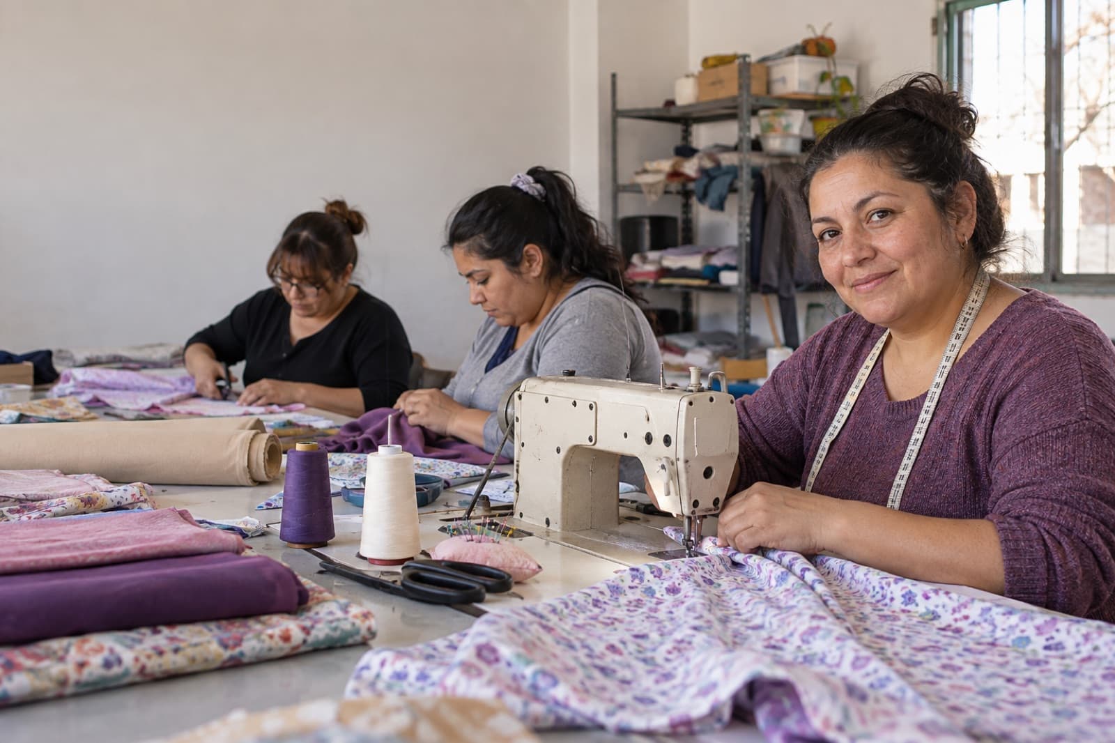 Tres mujeres trabajan en un taller de costura; la más cercana mira a cámara.