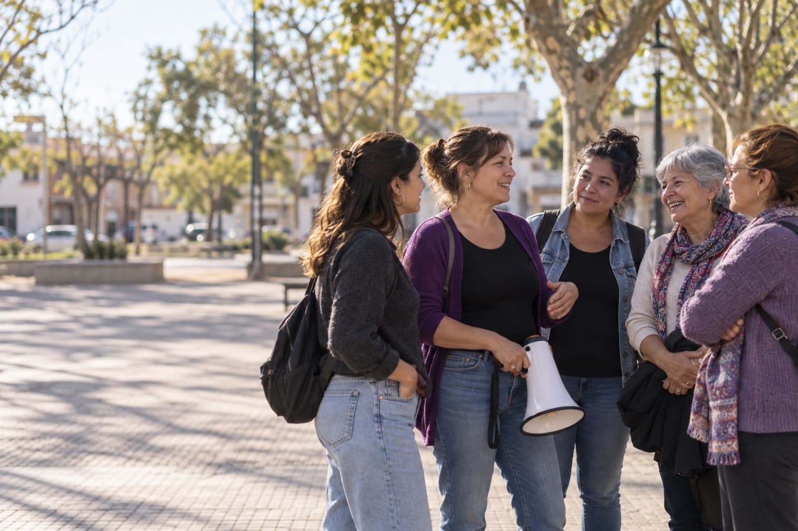 Grupo de mujeres de distintas edades conversando en una plaza de Villa Mercedes; una sostiene un megáfono.