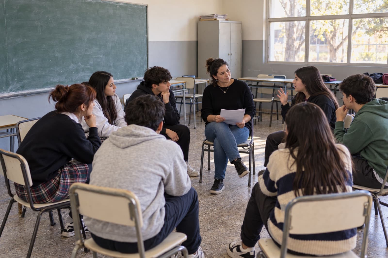 Estudiantes de secundaria sentados en ronda con una tallerista en un aula.